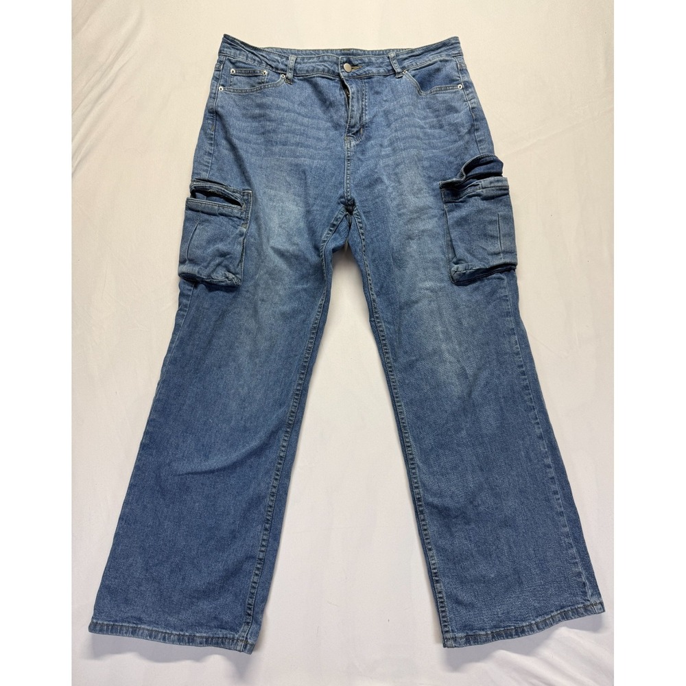 Womens Jeans 14 Blue‎ Denim Stretch Cargo Pockets High Rise Wide Leg Streetwear